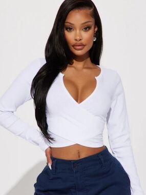 Fashion Nova White Wrap V-Neck Long Sleeve Crop Top